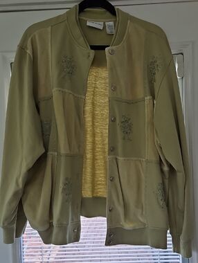 Alfred Dunner Olive Green Patchwork Embroidered Bomber Jacket
